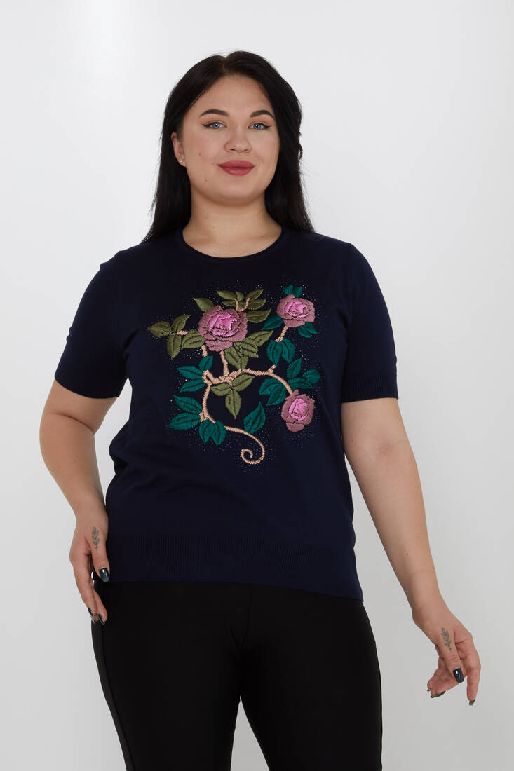 Women's Knitwear American Model Embroidered Floral Pattern Navy Blue - 30988 | KAZEE