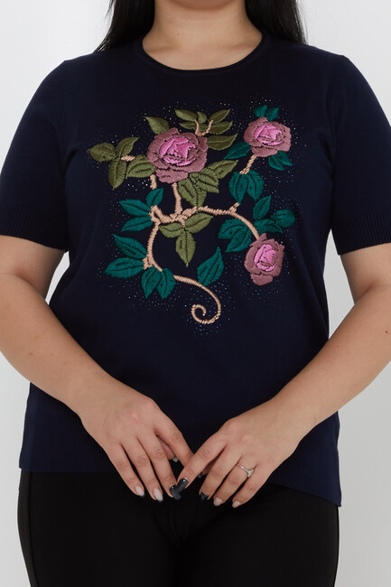 Women's Knitwear American Model Embroidered Floral Pattern Navy Blue - 30988 | KAZEE - Thumbnail