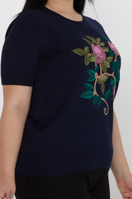 Women's Knitwear American Model Embroidered Floral Pattern Navy Blue - 30988 | KAZEE - Thumbnail