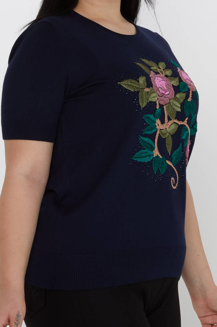 Women's Knitwear American Model Embroidered Floral Pattern Navy Blue - 30988 | KAZEE