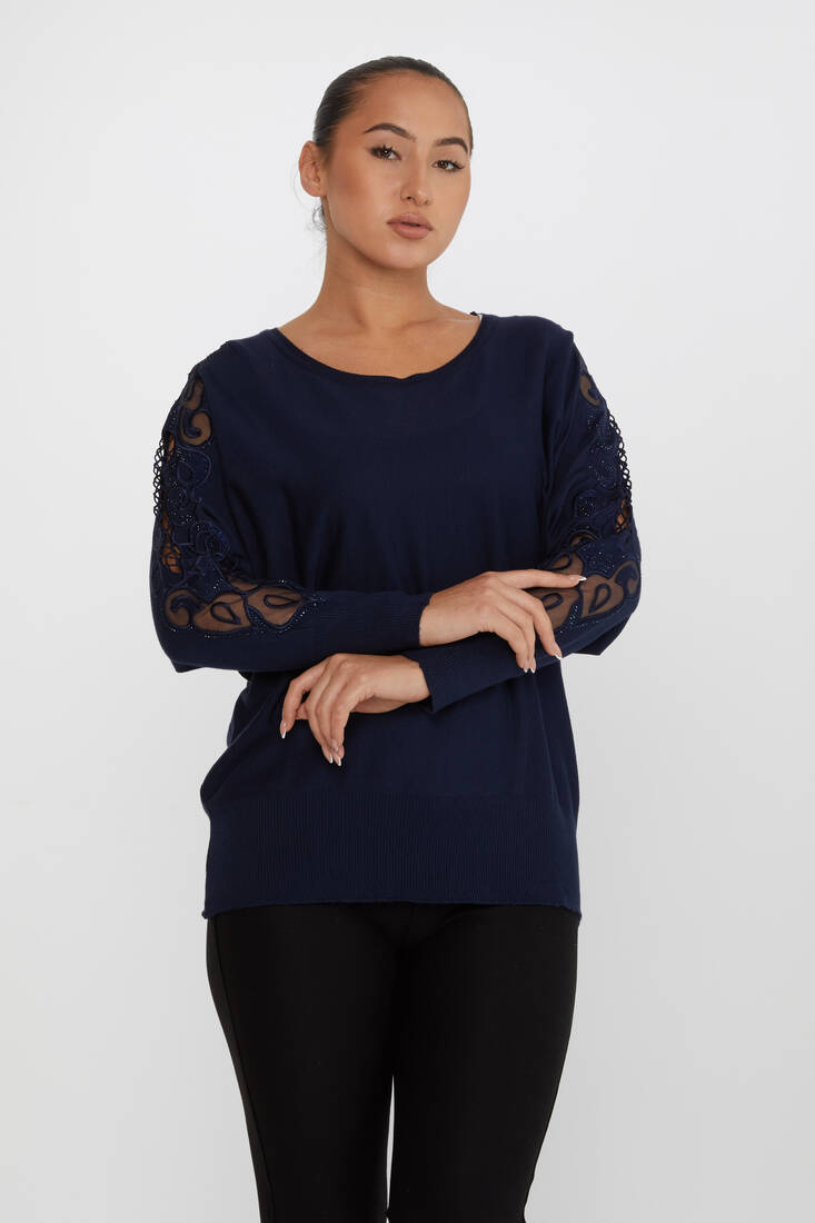 Women's Knitwear Embroidered Navy Blue - 30752 | KAZEE