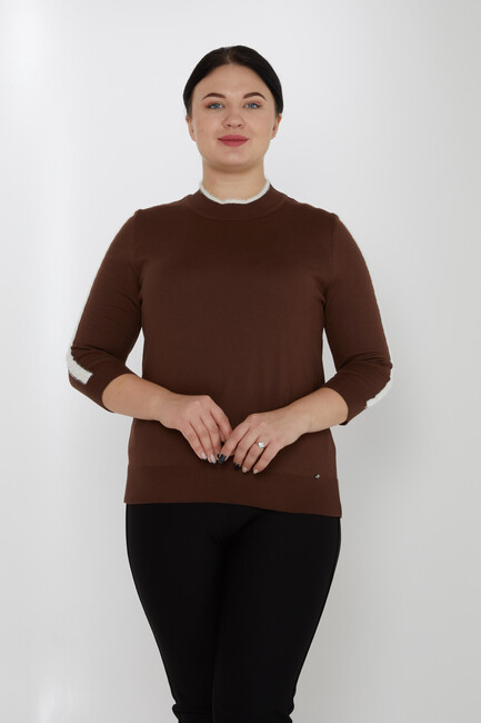 Women's Knitwear Stand Collar Feather Stripe Detail Brown - 31196 | KAZEE - Thumbnail