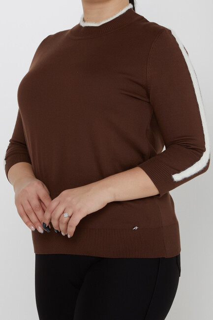 Women's Knitwear Stand Collar Feather Stripe Detail Brown - 31196 | KAZEE - Thumbnail