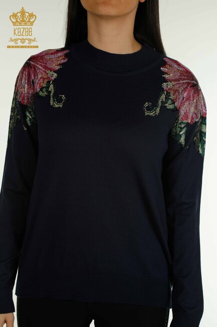 Women's Knitwear Floral Detail Navy Blue - 30542 | KAZEE - Thumbnail