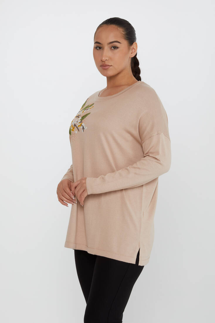 Women's Knitwear Floral Embroidered Beige - 30750 | KAZEE