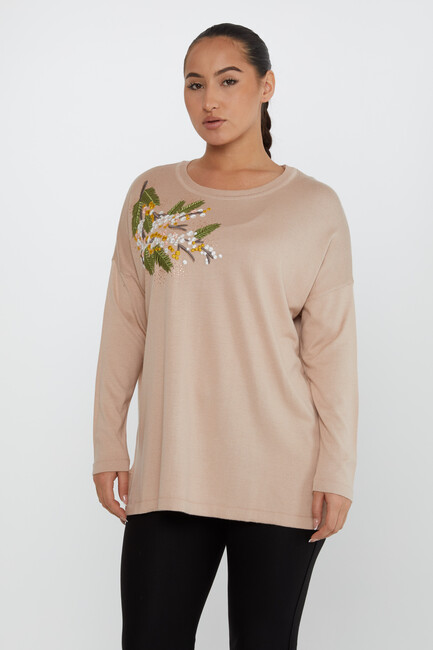 Women's Knitwear Floral Embroidered Beige - 30750 | KAZEE - Thumbnail