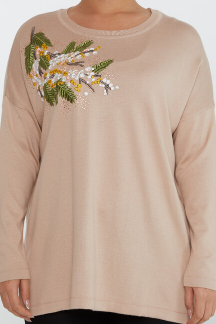 Women's Knitwear Floral Embroidered Beige - 30750 | KAZEE - Thumbnail