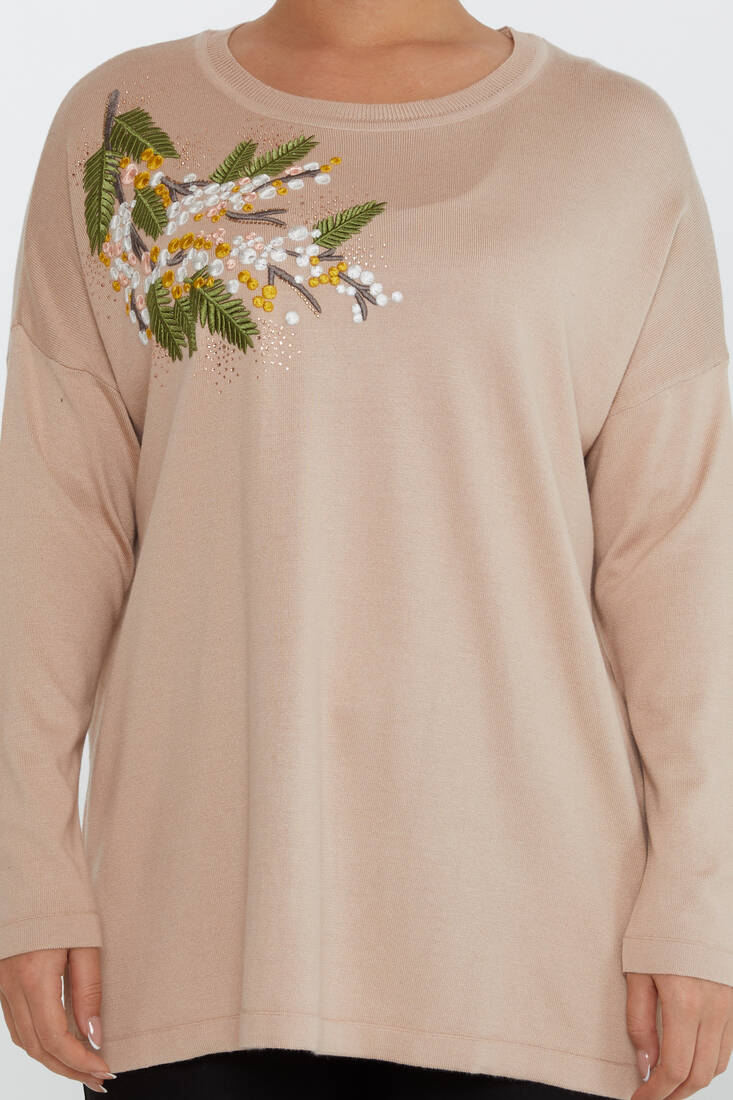 Women's Knitwear Floral Embroidered Beige - 30750 | KAZEE