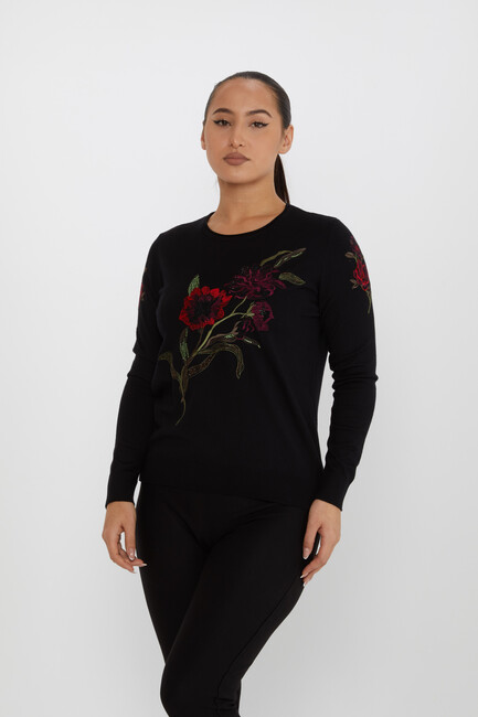 Women's Knitwear Floral Embroidery Detail Black - 31673 | KAZEE - Thumbnail