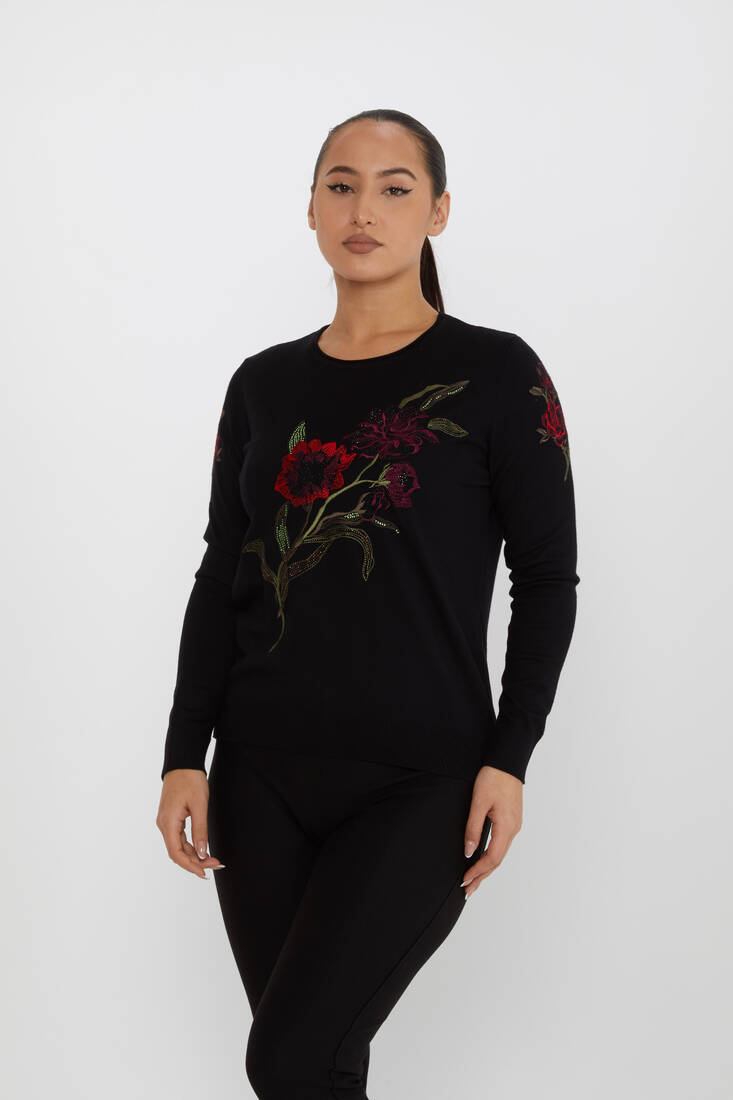 Women's Knitwear Floral Embroidery Detail Black - 31673 | KAZEE