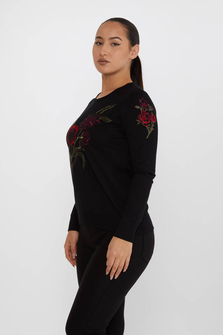 Women's Knitwear Floral Embroidery Detail Black - 31673 | KAZEE