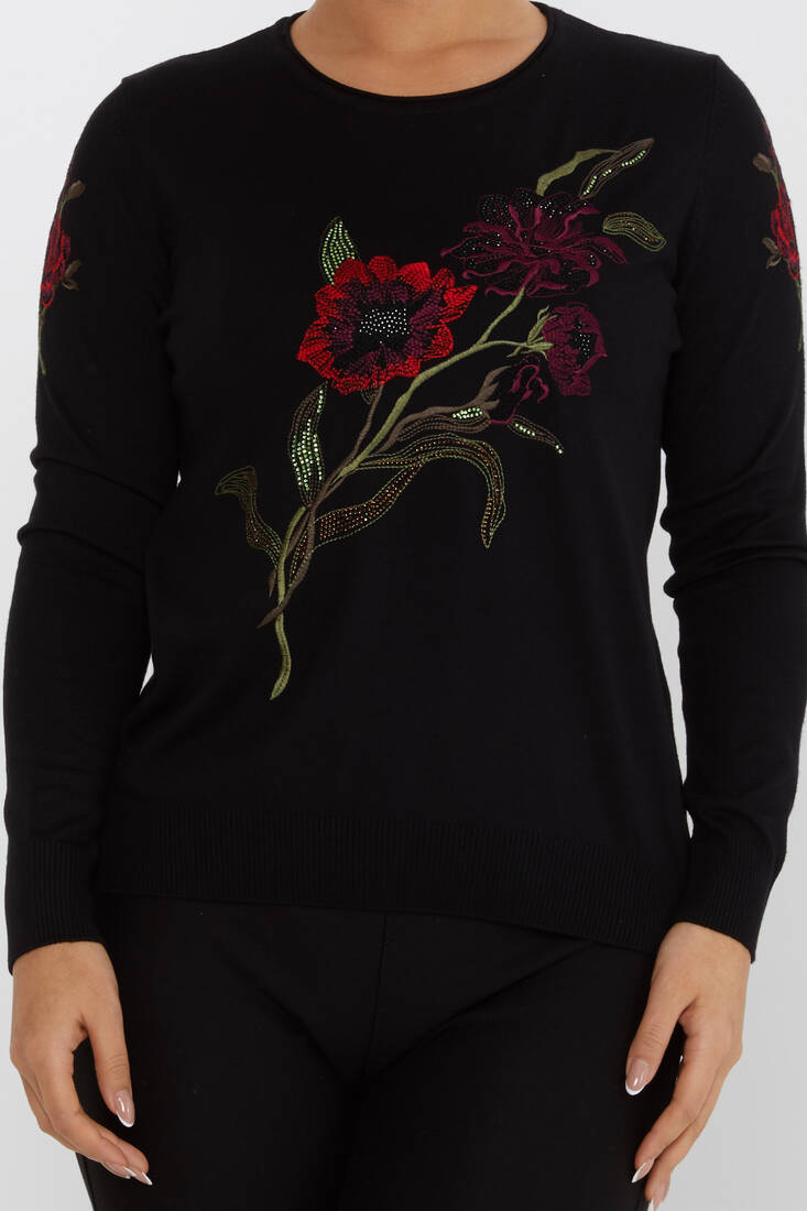 Women's Knitwear Floral Embroidery Detail Black - 31673 | KAZEE