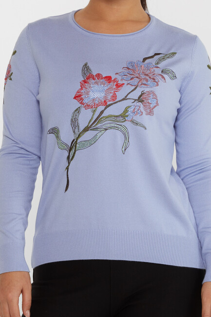 Women's Knitwear Floral Embroidery Detail Blue - 31673 | KAZEE - Thumbnail