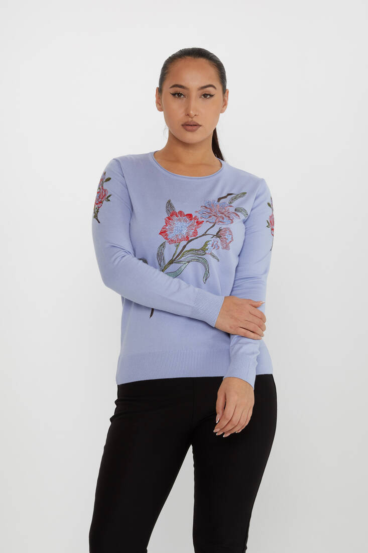 Women's Knitwear Floral Embroidery Detail Blue - 31673 | KAZEE