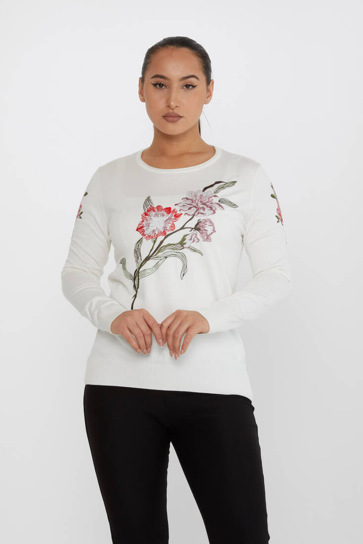 Women's Knitwear Floral Embroidery Detail Ecru - 31673 | KAZEE