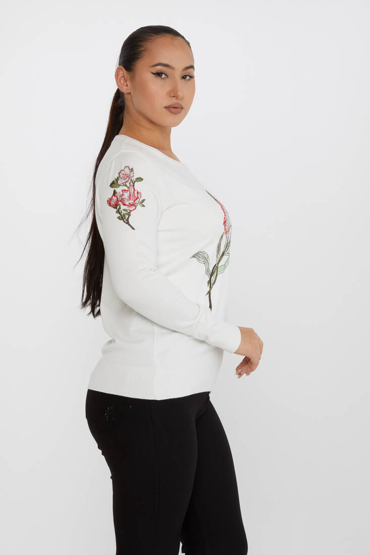 Women's Knitwear Floral Embroidery Detail Ecru - 31673 | KAZEE