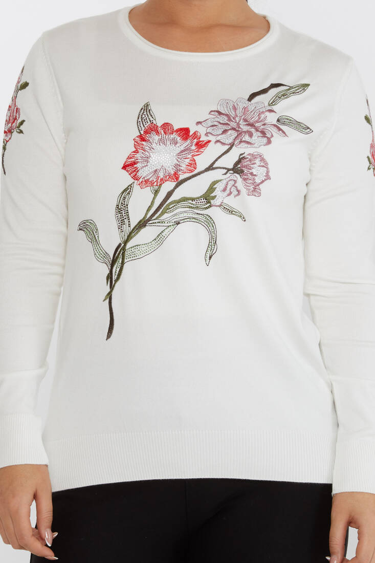 Women's Knitwear Floral Embroidery Detail Ecru - 31673 | KAZEE