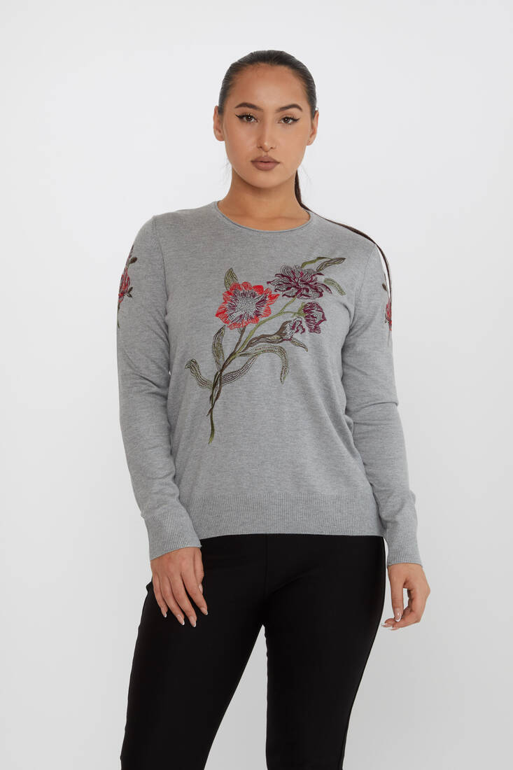 Women's Knitwear Floral Embroidery Detail Gray - 31673 | KAZEE