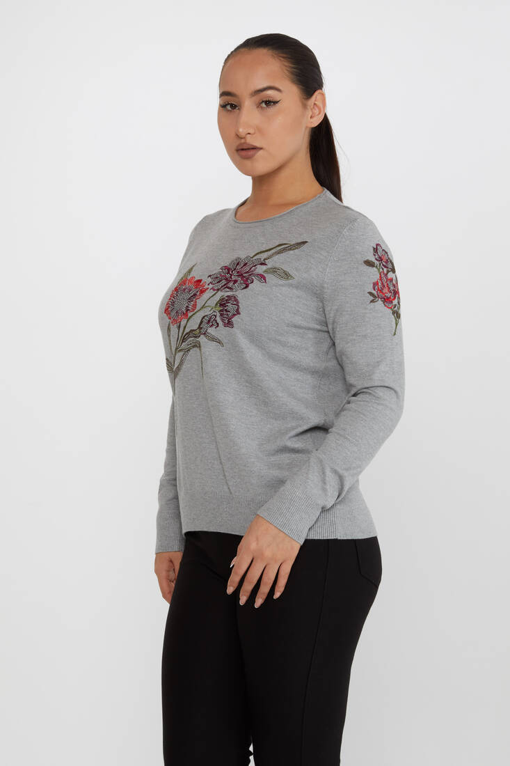 Women's Knitwear Floral Embroidery Detail Gray - 31673 | KAZEE