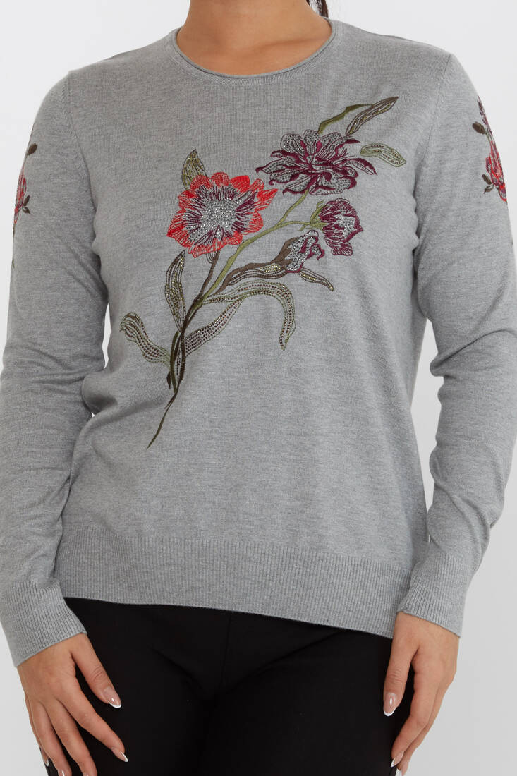 Women's Knitwear Floral Embroidery Detail Gray - 31673 | KAZEE