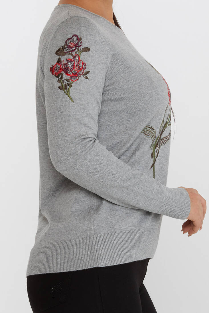 Women's Knitwear Floral Embroidery Detail Gray - 31673 | KAZEE