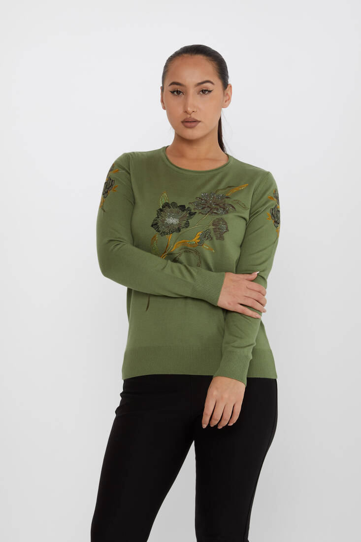 Women's Knitwear Floral Embroidery Detail Khaki - 31673 | KAZEE