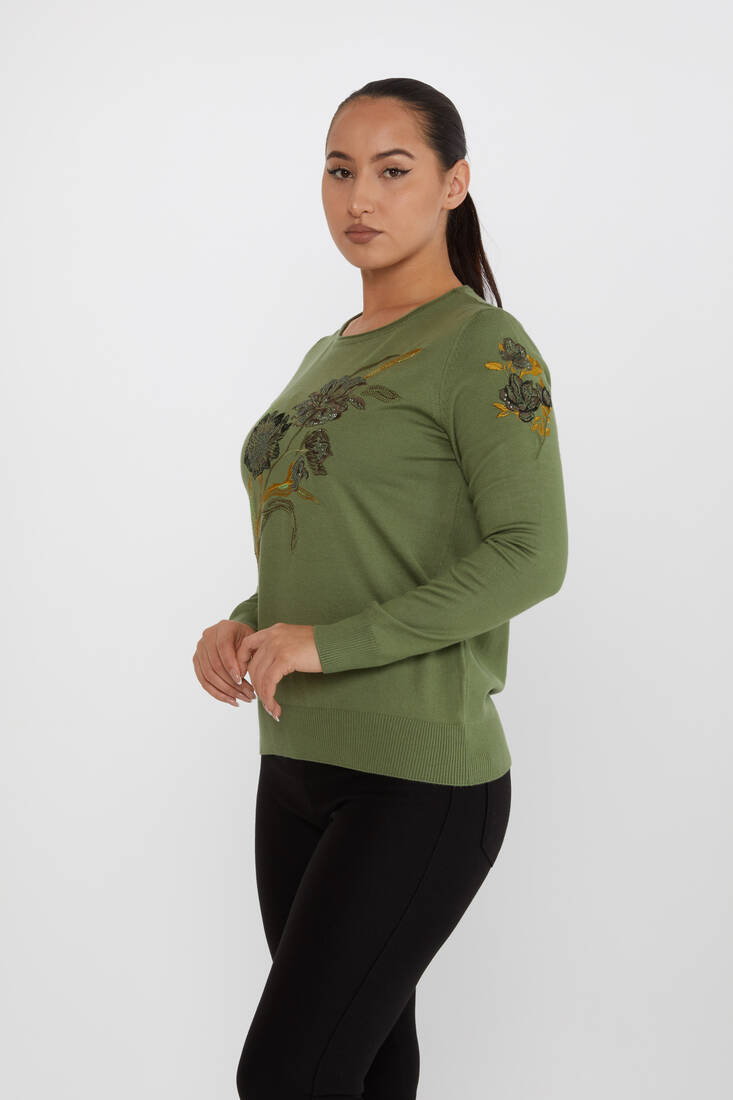 Women's Knitwear Floral Embroidery Detail Khaki - 31673 | KAZEE