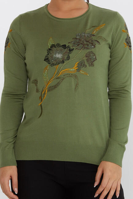 Women's Knitwear Floral Embroidery Detail Khaki - 31673 | KAZEE - Thumbnail