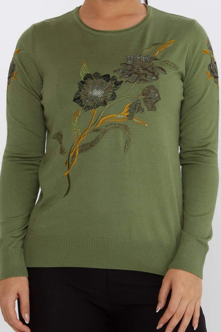 Women's Knitwear Floral Embroidery Detail Khaki - 31673 | KAZEE