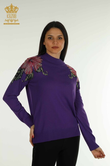 Women's Knitwear Flower Detail Purple - 30542 | KAZEE - Thumbnail