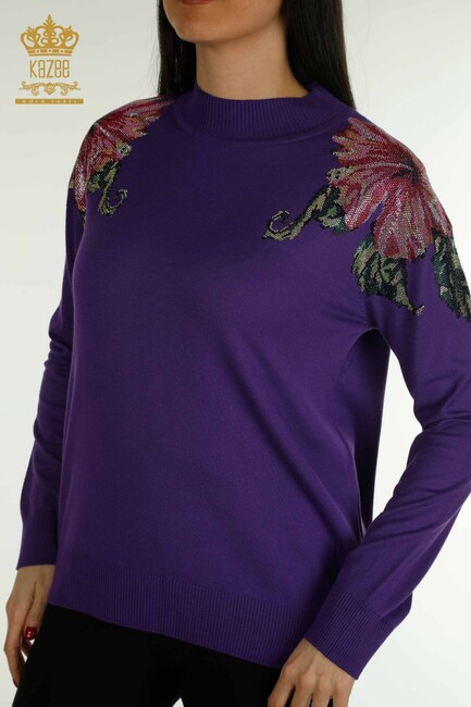 Women's Knitwear Flower Detail Purple - 30542 | KAZEE - Thumbnail