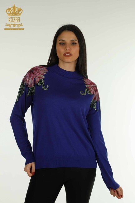 Women's Knitwear Flower Detailed Saxe - 30542 | KAZEE - Thumbnail