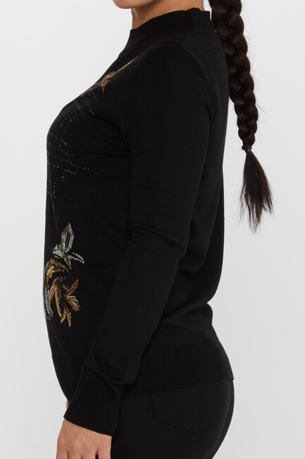 Women's Knitwear Flower Stone Detail Black - 30748 | KAZEE - Thumbnail