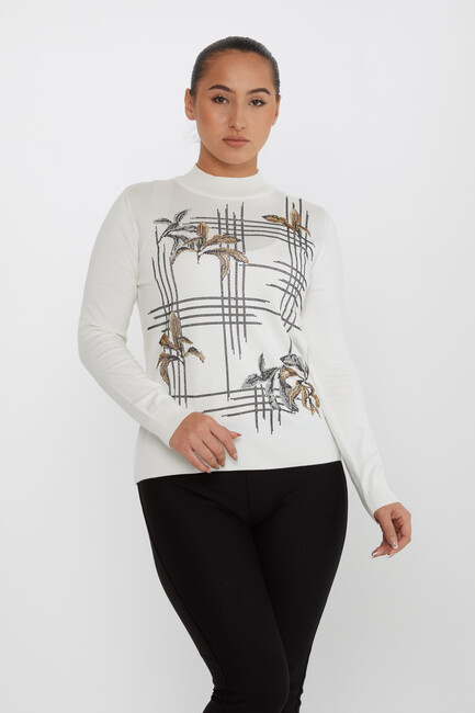 Women's Knitwear Flower Stone Detailed Ecru - 30748 | KAZEE - Thumbnail