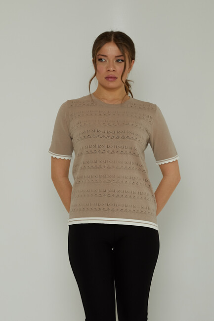 Women's Knitwear Crew Neck Hole Detail Beige - 31762 | KAZEE - Thumbnail