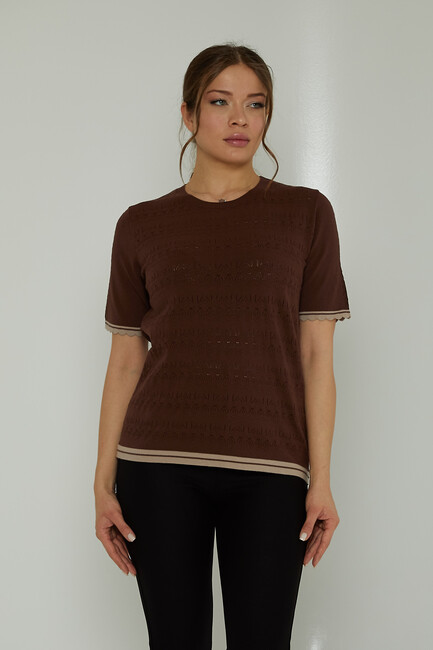 Women's Knitwear Crew Neck Hole Detailed Brown - 31762 | KAZEE - Thumbnail