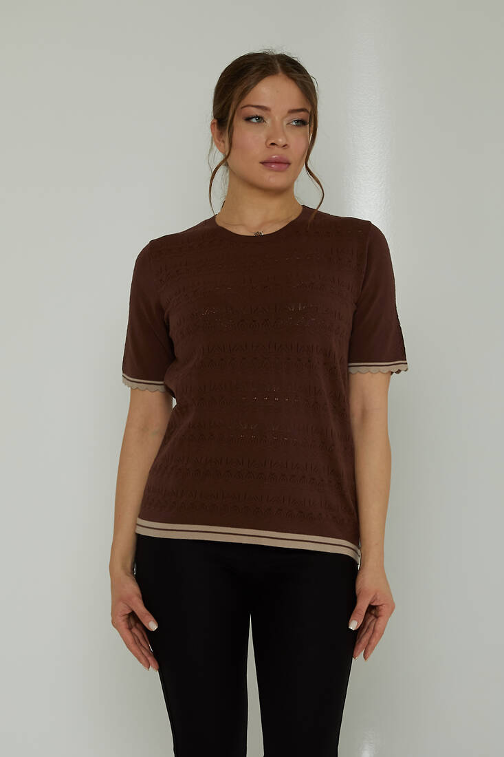 Women's Knitwear Crew Neck Hole Detailed Brown - 31762 | KAZEE