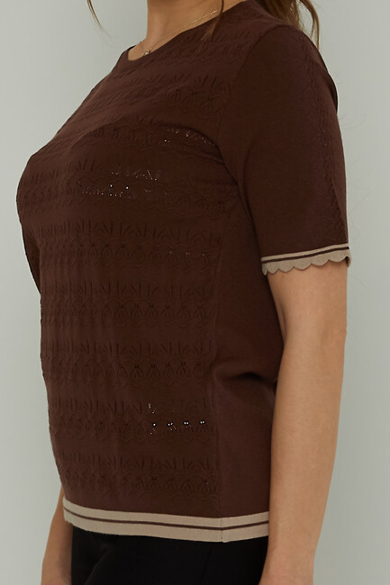 Women's Knitwear Crew Neck Hole Detailed Brown - 31762 | KAZEE - Thumbnail