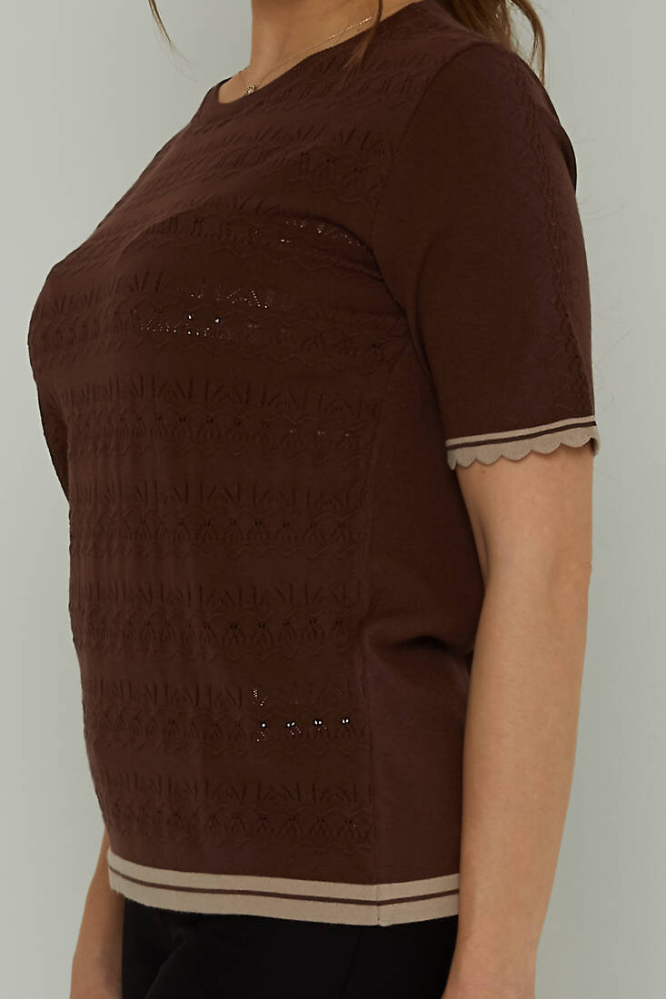 Women's Knitwear Crew Neck Hole Detailed Brown - 31762 | KAZEE