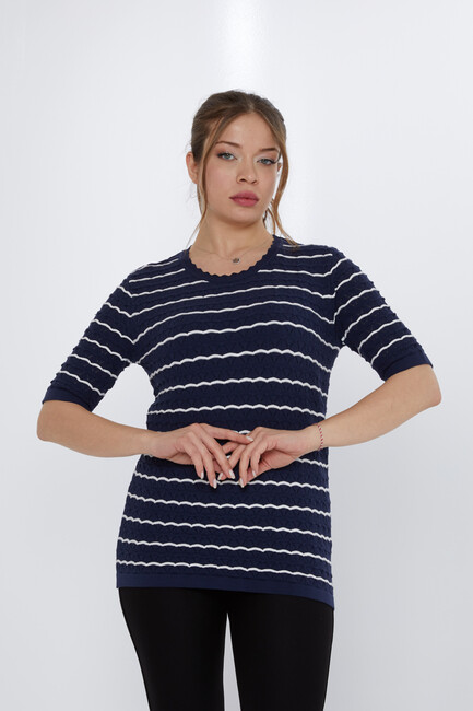 Women's Knitwear Hole Detail Navy Blue-Ecru - 31778 | KAZEE - Thumbnail