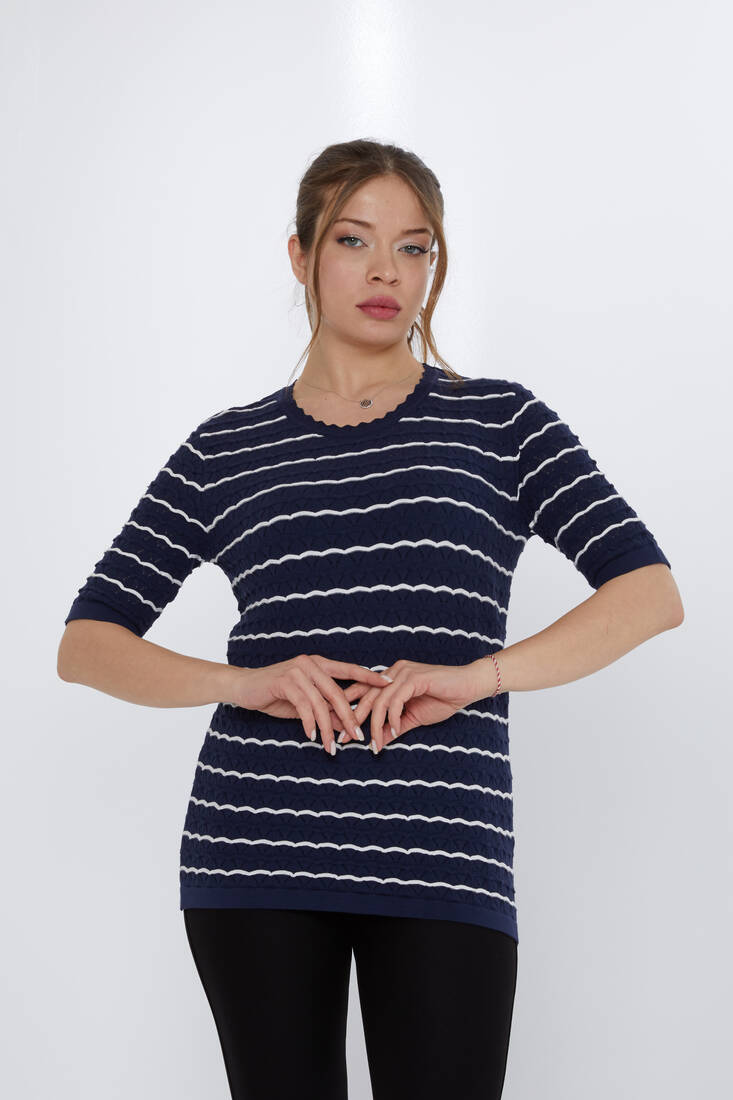 Women's Knitwear Hole Detail Navy Blue-Ecru - 31778 | KAZEE