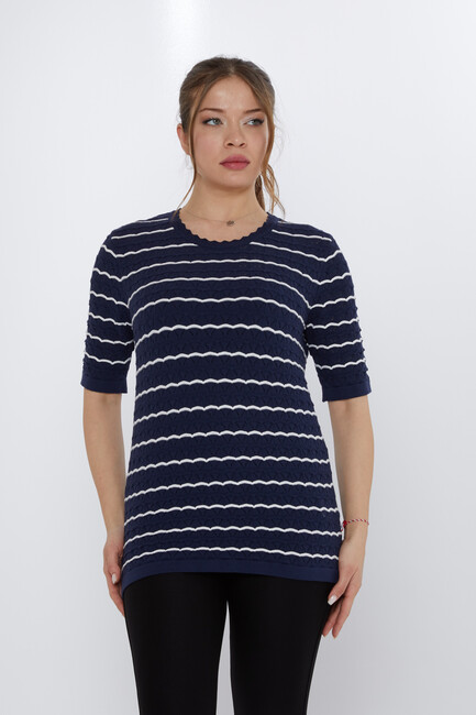 Women's Knitwear Hole Detail Navy Blue-Ecru - 31778 | KAZEE - Thumbnail