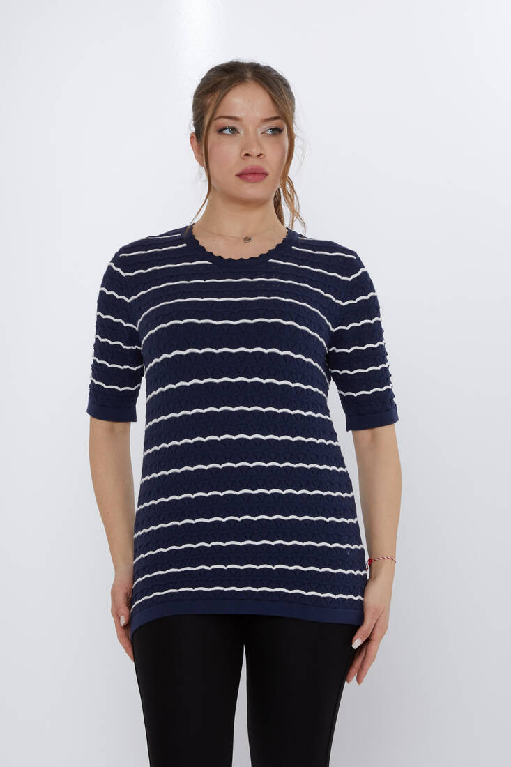 Women's Knitwear Hole Detail Navy Blue-Ecru - 31778 | KAZEE