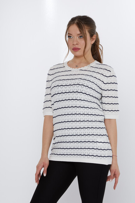 Women's Knitwear Hole Detailed Ecru-Navy Blue - 31778 | KAZEE - Thumbnail