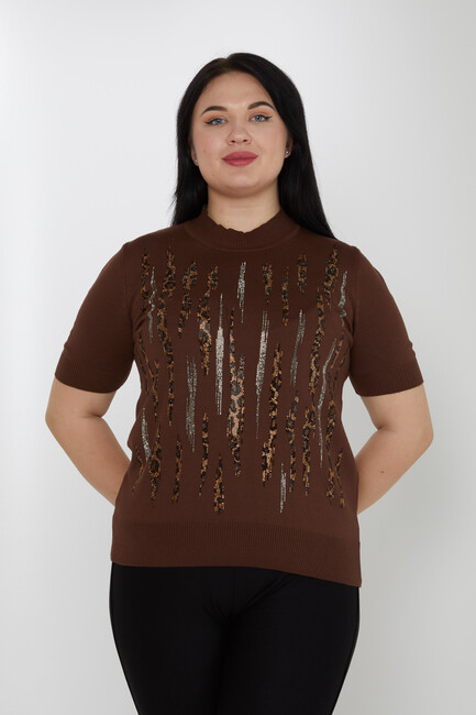 Women's Knitwear Stand Collar Leopard Stone Detailed Brown - 31565 | KAZEE - Thumbnail