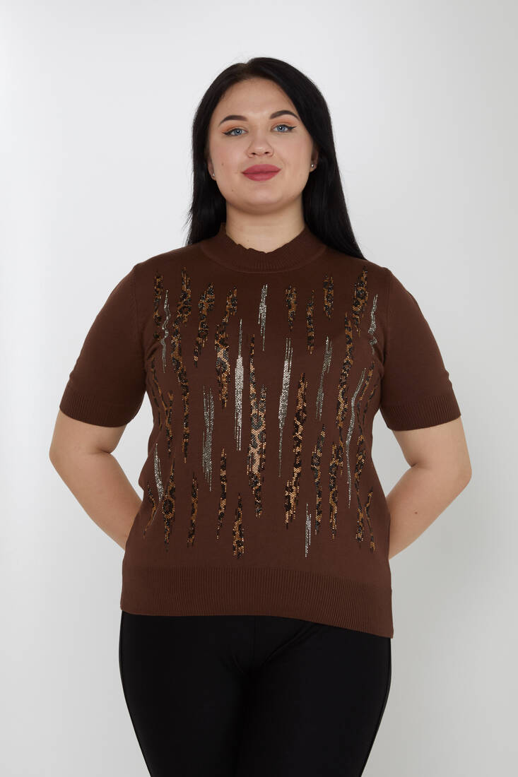 Women's Knitwear Stand Collar Leopard Stone Detailed Brown - 31565 | KAZEE