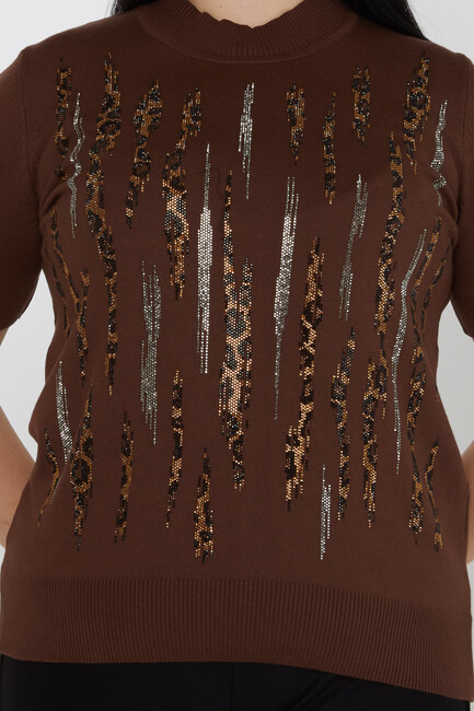 Women's Knitwear Stand Collar Leopard Stone Detailed Brown - 31565 | KAZEE - Thumbnail