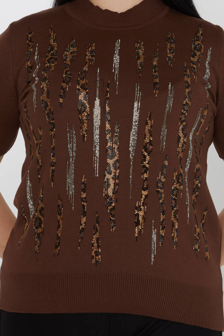 Women's Knitwear Stand Collar Leopard Stone Detailed Brown - 31565 | KAZEE