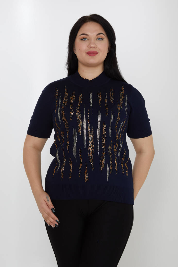 Women's Knitwear Stand Collar Leopard Stone Detailed Navy Blue - 31565 | KAZEE