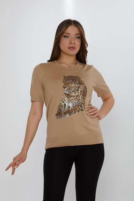 Women's Knitwear Crew Neck Leopard Stone Patterned Beige - 31825 | KAZEE - Thumbnail